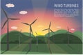 Wind turbines on a green landscape against the backdrop of sunset dawn.